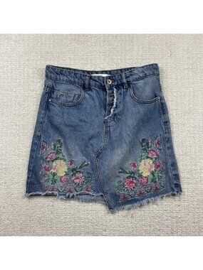 Y2K Lft Denim Skirt Embroidered Floral Needle Point Boho Festival Wom Sz M